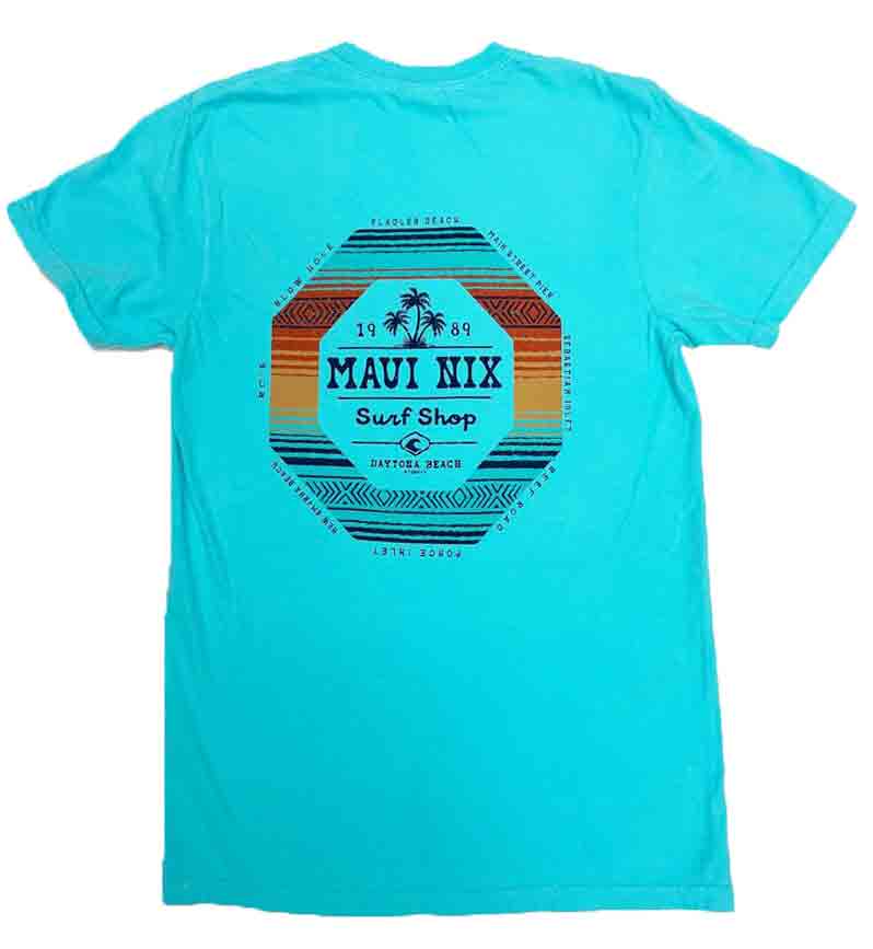 This is an image of Tees Tees Maui Nix Serape Palms Short Sleeve Tee