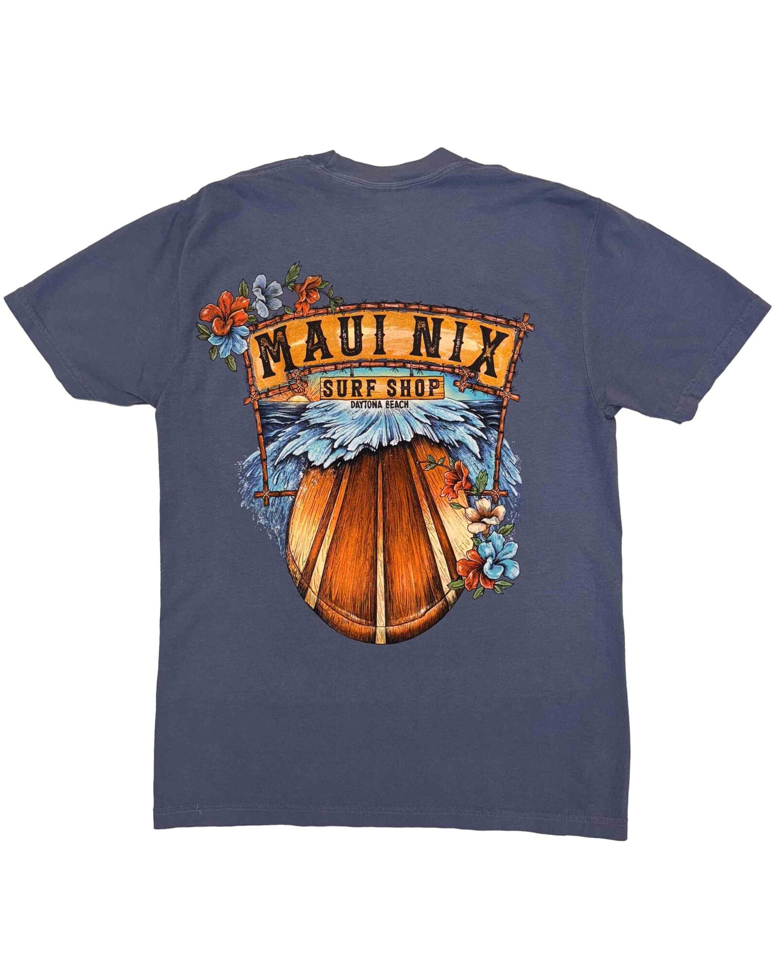 This is an image of Maui Nix Hibiscus & Surfboard tee