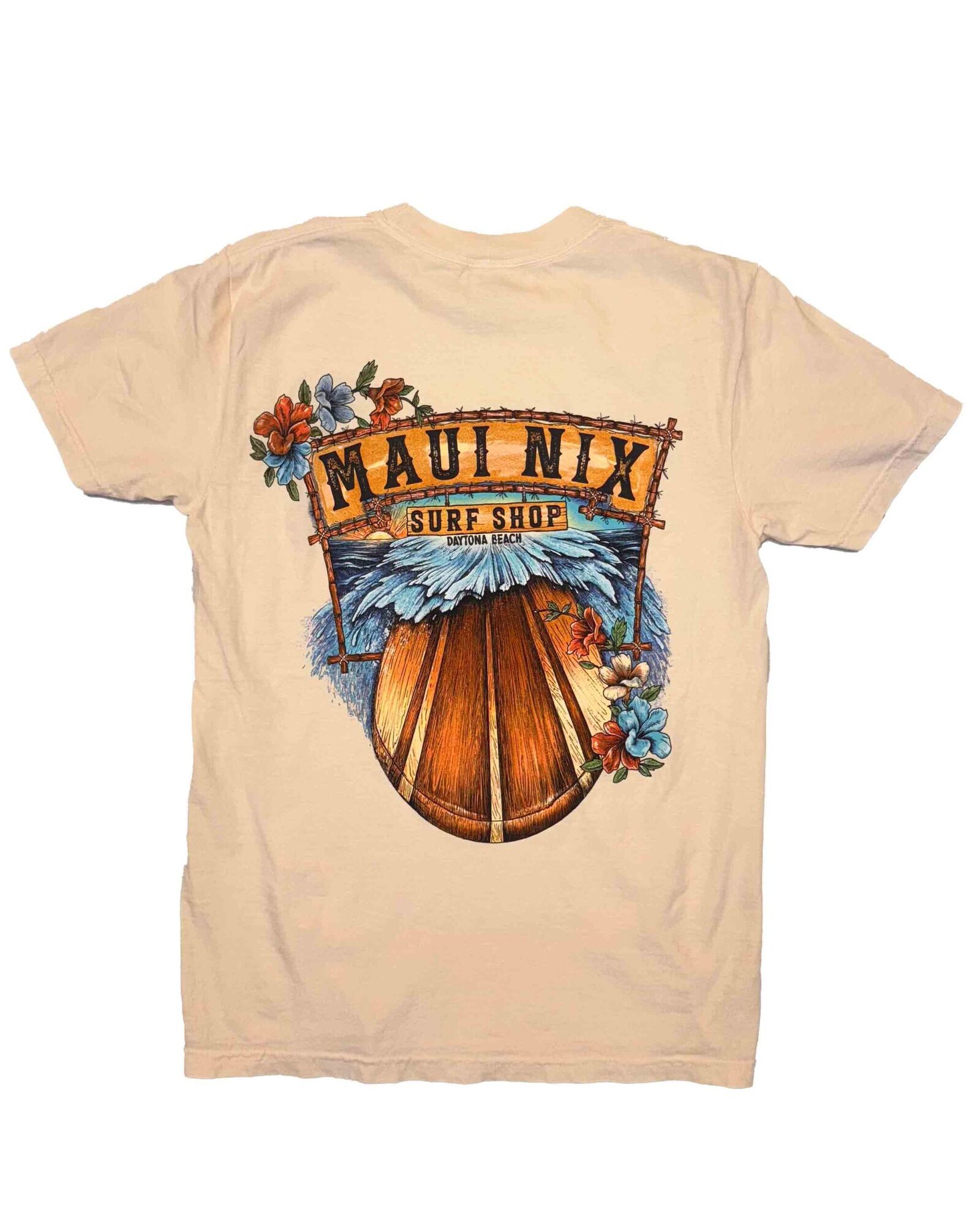 This is an image of Maui Nix Hibiscus & Surfboard tee